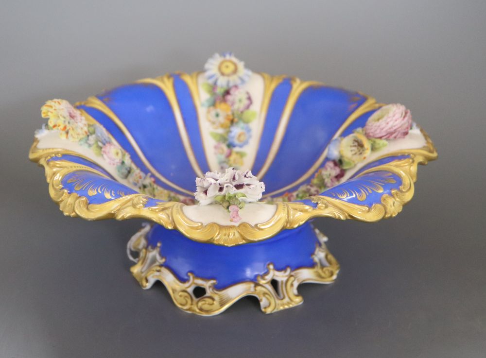 A Victorian porcelain floral encrusted pedestal dish, height 12cm